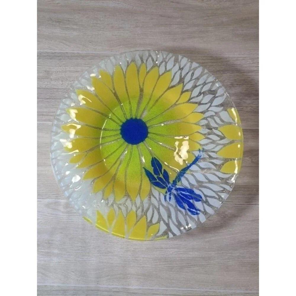 Hand Painted Glass Plate Yellow Flower Dragonfly Stained Glass Style Signed 8.5